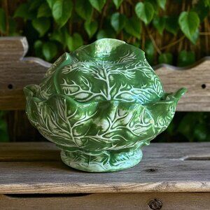 VTG Holland Mold Cabbage Leaf Ceramic Tureen Lidded Vegetable Bowl
